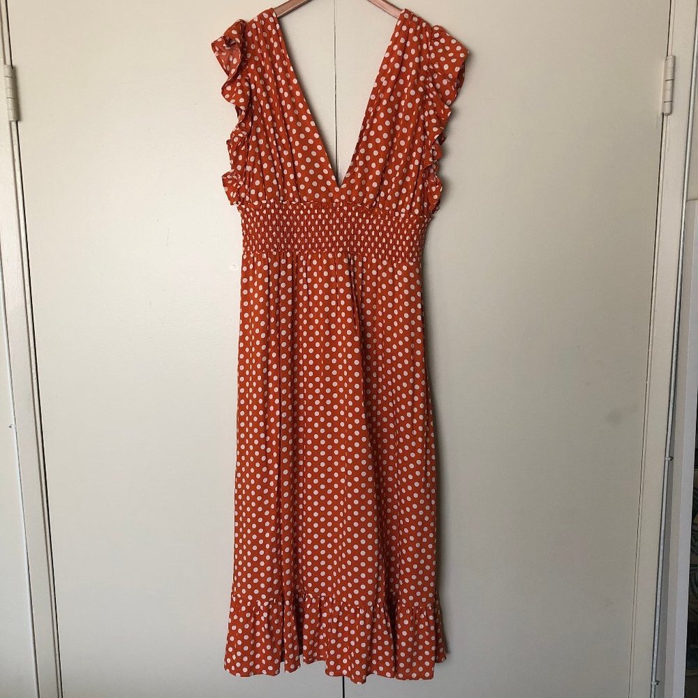 BP. Polka Dot Deep V Ruffle Dress - L